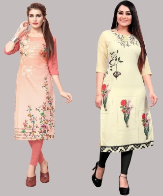 tanvi creation Women Floral Print Straight Kurta(Beige)