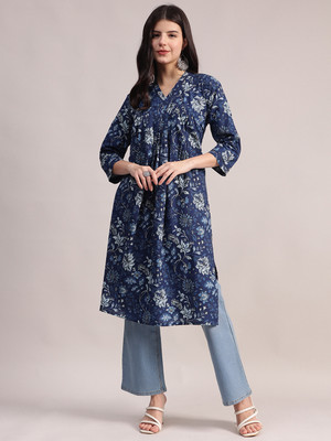 Aavyora Women Floral Print A-line Kurta(Blue)
