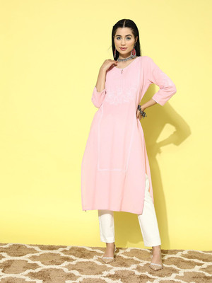 all about you Women Embroidered Straight Kurta(Pink)