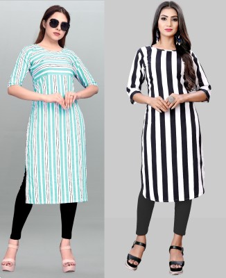 maruti fab Women Striped, Printed A-line Kurta(Light Blue, White, Black)