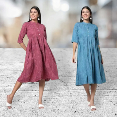Houseofcommonk Women Printed Anarkali Kurta(Blue, Pink)