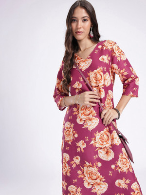 Anouk Rustic Women Floral Print Straight Kurta(Pink)