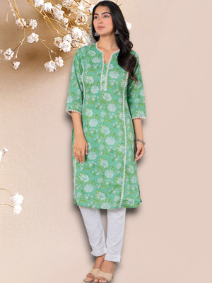 Jaipuur Trend Women Printed Straight Kurta(Green)