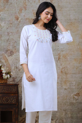 Auzanoor Collection Women Embroidered A-line Kurta(White)