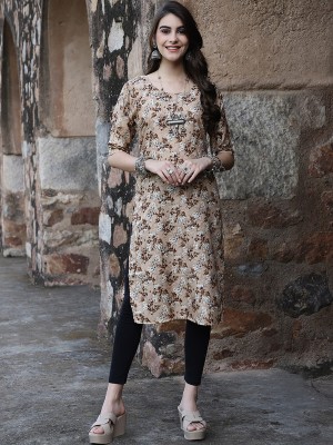 1 Stop Fashion Women Printed Straight Kurta(Beige)