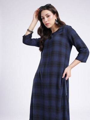 Anouk Rustic Women Checkered Straight Kurta(Blue)