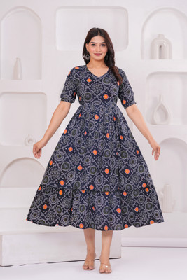 Laaj Women Printed Flared Kurta(Blue)