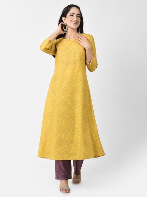 Span Women Printed A-line Kurta(Yellow)