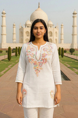 Ahl cration Women Chikan Embroidery Ethnic Dress Kurta(White)