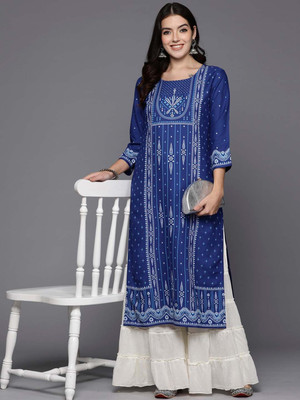 ANOUK Women Geometric Print Straight Kurta(Blue)