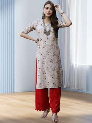 HERE&NOW Women Floral Print Straight Kurta(Grey, Red)
