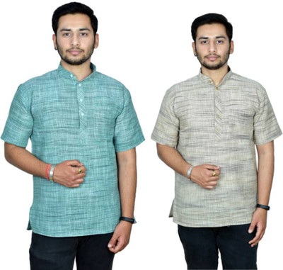 isdfabric Men Self Design Straight Kurta(Grey, Green)