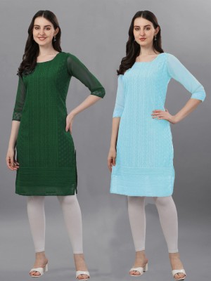 ZAZADIYA ENTERPRISE Women Chikan Embroidery Straight Kurta(Light Blue, Dark Green)