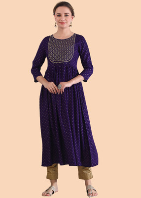 Fashion With Natur Women Embroidered Flared Kurta(Blue)