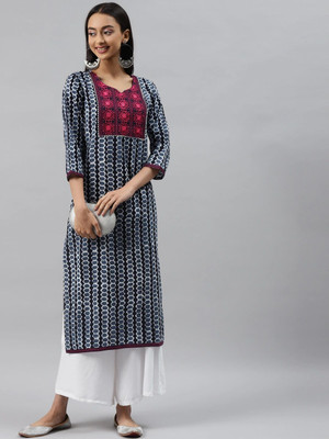 MEERANSHI LIVING Women Printed Straight Kurta(Dark Blue)