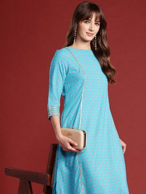 ANOUK Women Embroidered Straight Kurta(Blue)