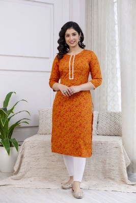 CKM Women Printed Straight Kurta(Orange)