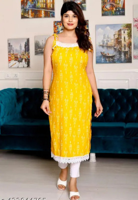 ZenaFashion Women Printed A-line Kurta(Yellow)