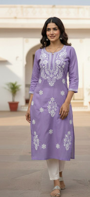 TSQUARE Women Chikan Embroidery, Embroidered A-line Kurta(Purple)