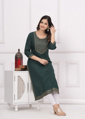 his&her Women Embroidered Straight Kurta(Dark Green, Gold)