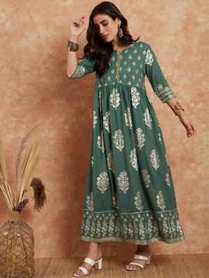 Sangria Women Printed A-line Kurta(Green)