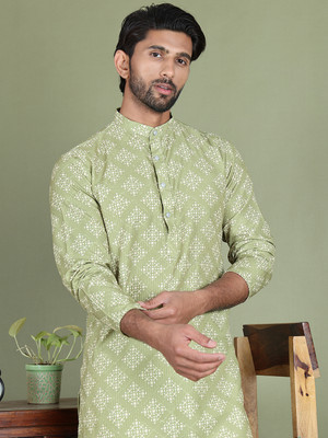 ANOUK Men Printed Straight Kurta(Green)