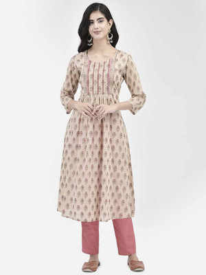 Span Women Self Design A-line Kurta(Beige)