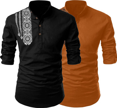 Kavyangle Creation Men Printed Straight Kurta(Black, Brown)