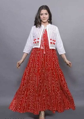choudhary Women Printed, Bandhani, Embellished, Woven Design Anarkali Kurta(Purple)