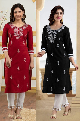 SISTO Women Chikan Embroidery Straight Kurta(Multicolor)
