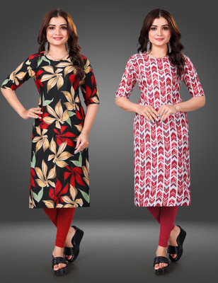 MOBHISA Women Printed Straight Kurta(Red)