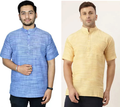 isdfabric Men Self Design Straight Kurta(Blue, Yellow)