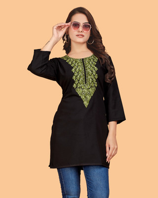DharmHouse Women Chikan Embroidery Straight Kurta(Black)
