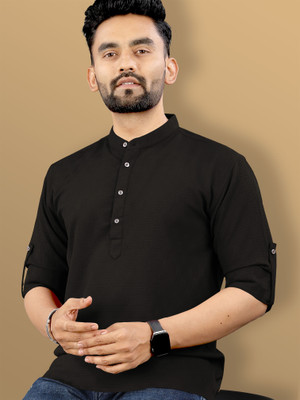 VeBNoR Men Self Design Straight Kurta(Black)