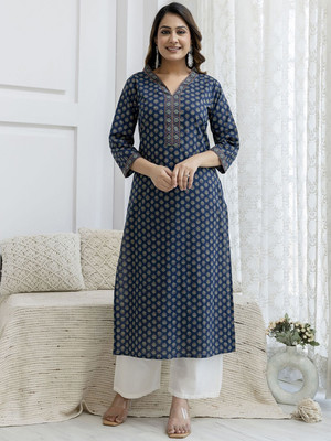 Kairab Women Printed Straight Kurta(Blue)
