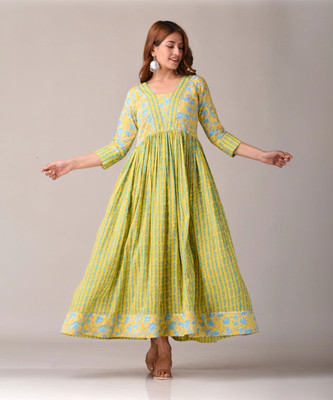Kannahi Women Printed Anarkali Kurta(Yellow)
