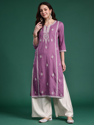 Indo Era Women Embroidered Straight Kurta(Purple)