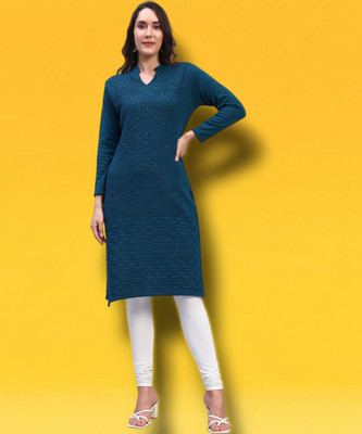 HEMLOCK Women Self Design Straight Kurta(Blue)