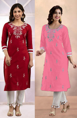 vikshi Women Chikan Embroidery Straight Kurta(Maroon, Pink)