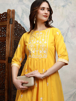Vishudh Women Embroidered A-line Kurta(Yellow)