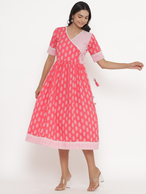 Parchhai Women Floral Print Anarkali Kurta(Pink)