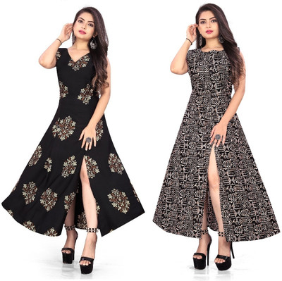 tanvi creation Women Printed Frontslit Kurta(Black)