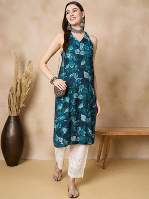 ANOUK Women Printed Straight Kurta(Blue)