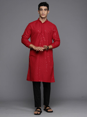 Indo Era Men Chikan Embroidery Straight Kurta(Red)
