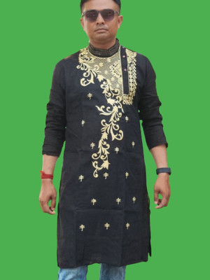 P S Collection Men Embroidered High Low Kurta(Black)
