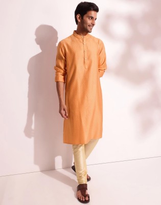 Fabindia Men Woven Design Straight Kurta(Orange)