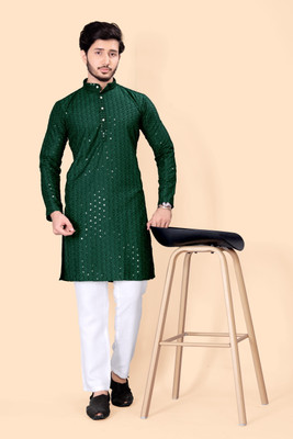 DIAMOND CLUTSER Men Chikan Embroidery Straight Kurta(Dark Green)