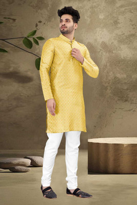 Mysia Men Woven Design Straight Kurta(Yellow)