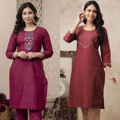 AuzaSho Collection Women Embroidered, Solid Straight Kurta(Multicolor)