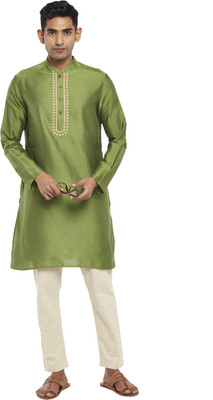 Indus Route by Pantaloons Men Embroidered Straight Kurta(Green)